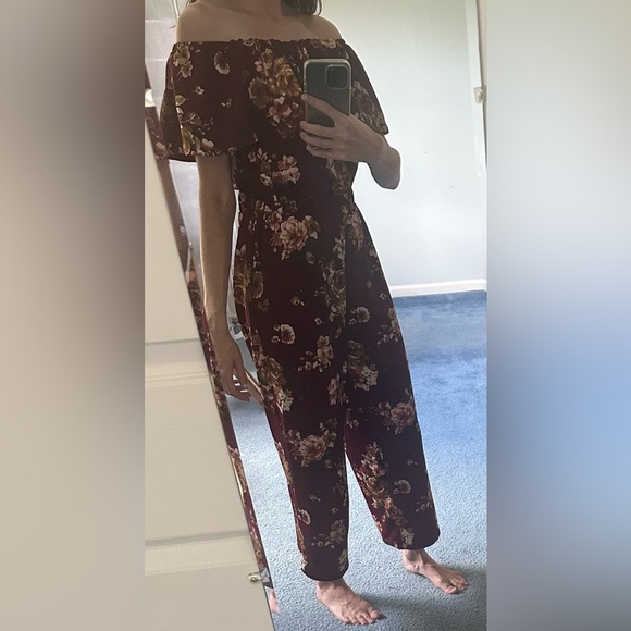 Altar’d State Burgundy/Maroon Floral Print On or Off the Shoulder Jumpsuit - Picture 12 of 15